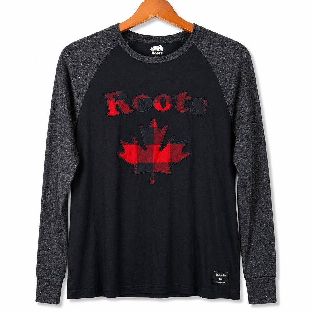 Roots Canada Mens Long Sleeve Raglan Tee Black Buffalo Plaid Maple Leaf XS 03026